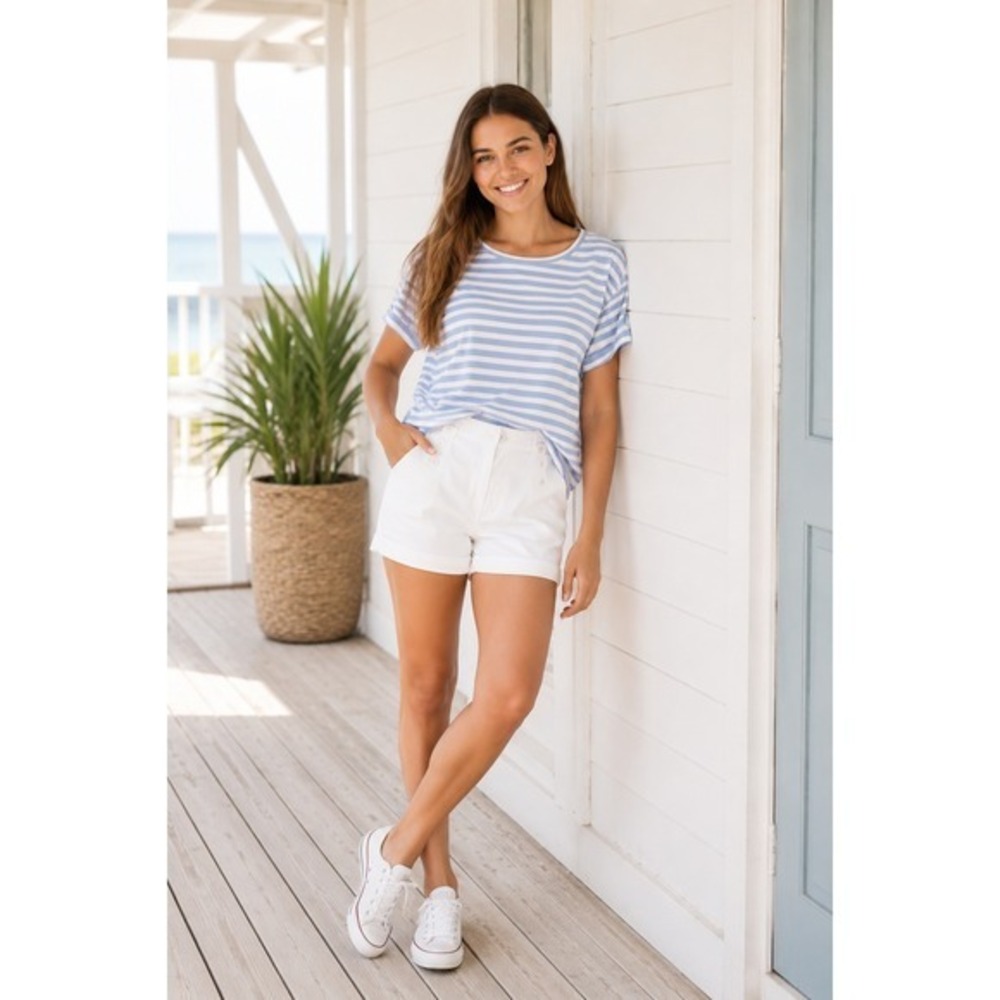 New York & Company White Sailor Shorts Cotton Stretch Size 6 Nautical Cuffed